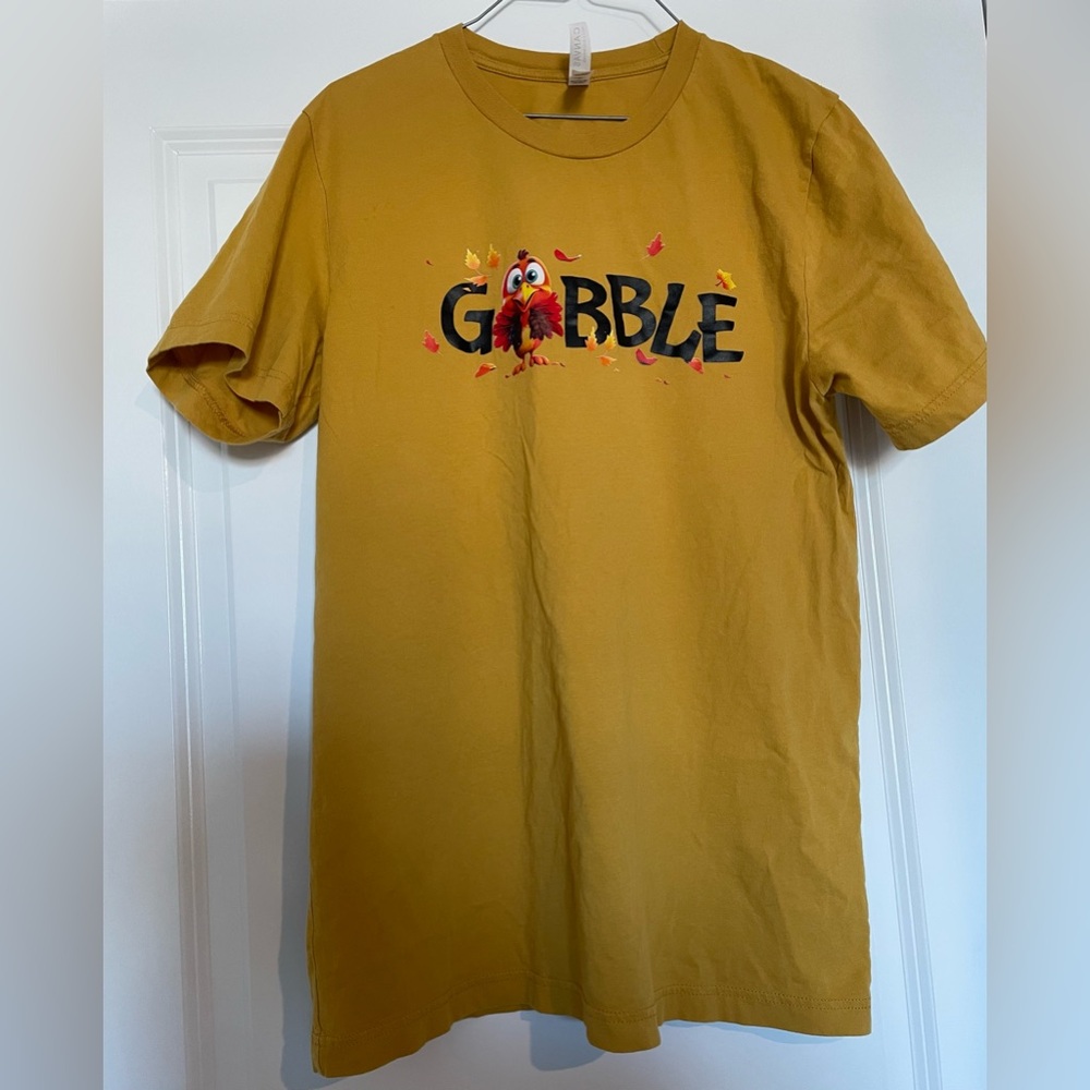 Womens Tee Shirt Large Mustard Yellow Thanksgiving Turkey Graphic 100% Cotton